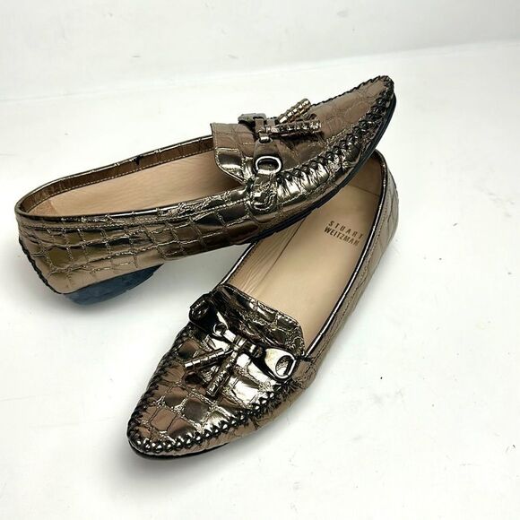 Stuart Weitzman Metallic Croc Embossed Topstitch Moccasin Loafer With Tassel 7,5 - Picture 1 of 16